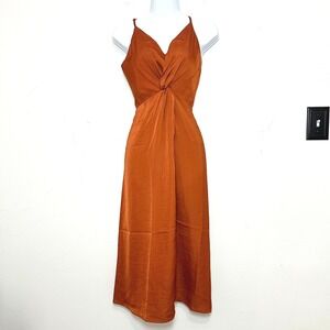 Hayden LA Midi Hayden LA Satin Slip Midi Dress Rust Orange Twist Front Small